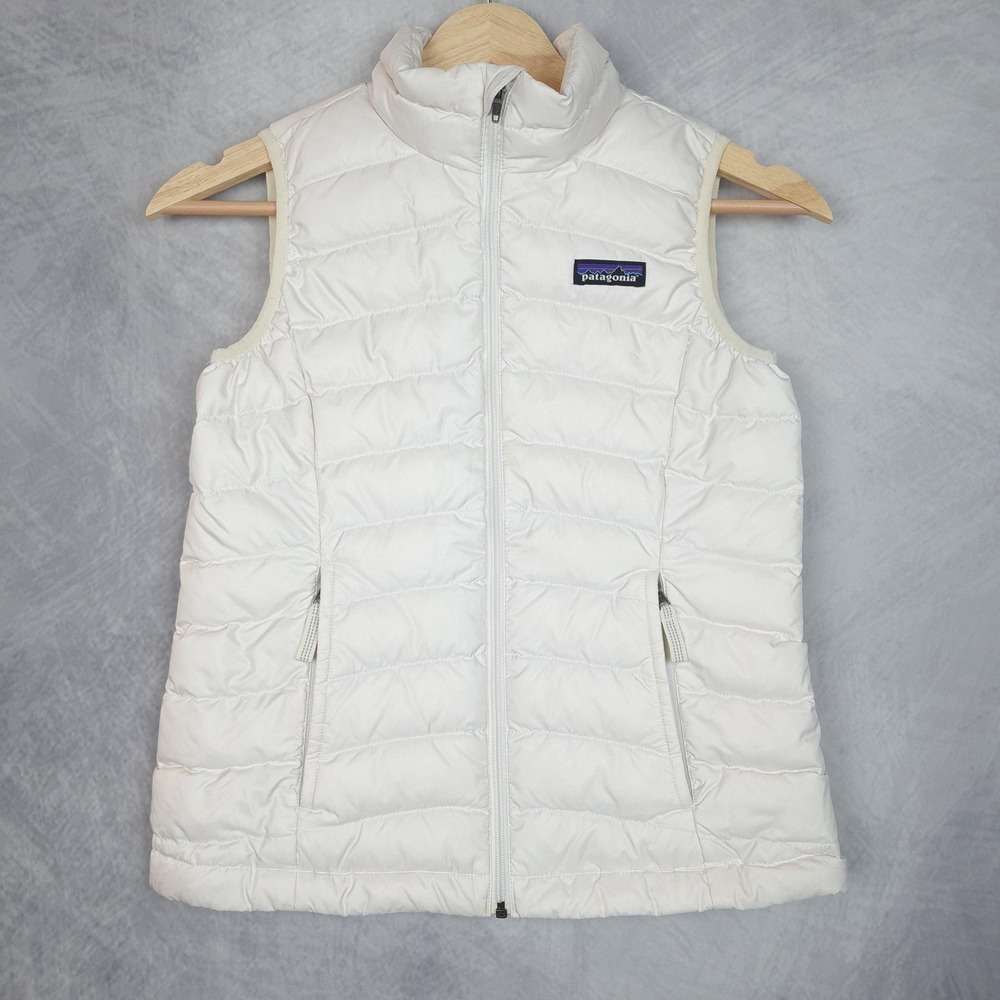 Patagonia Down Sweater Vest Girls Small 7-8 White Quilted Puffer Zip Hiking